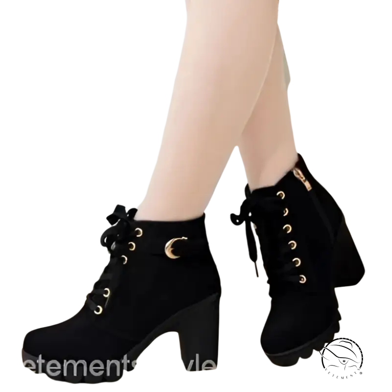 Black waterproof high heel martin leather boots with chunky heels and moon emblem