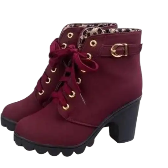 Burgundy waterproof high heel martin leather boots with laces and buckle
