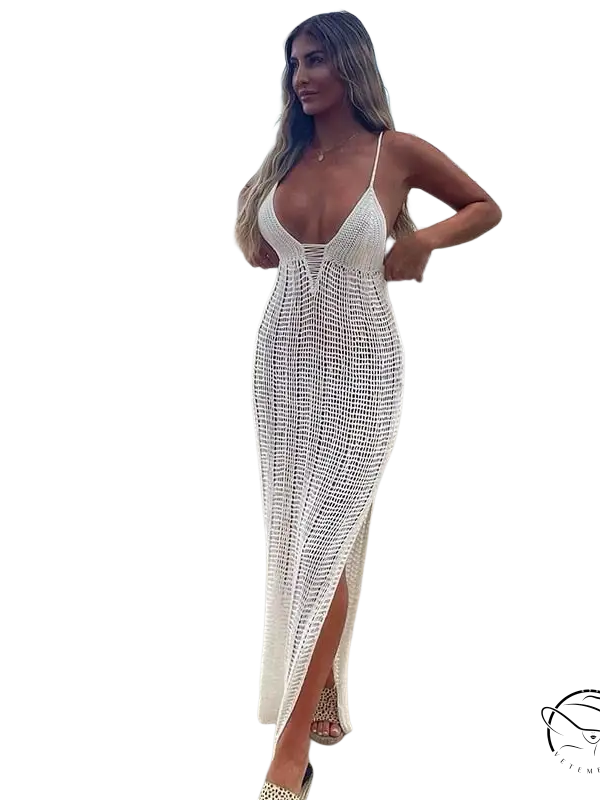 White crochet sexy bodycon dress with high slit and thin straps