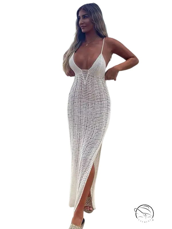 White crochet sexy bodycon dress with deep V-neck and high slit