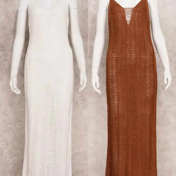 White crochet sexy bodycon dress in orange textured knit maxi style