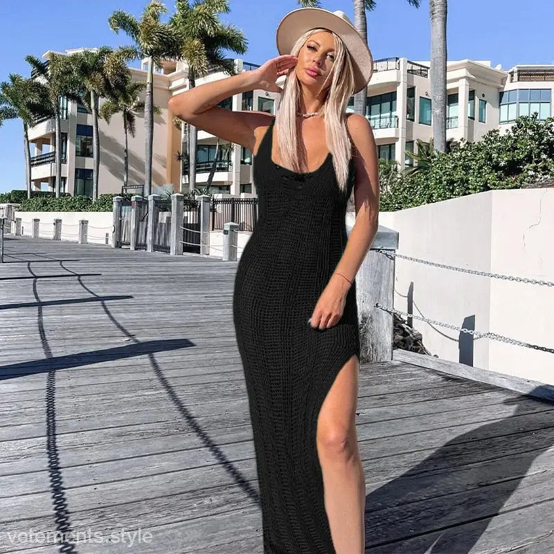 White crochet sexy bodycon dress with black ribbed maxi and hat