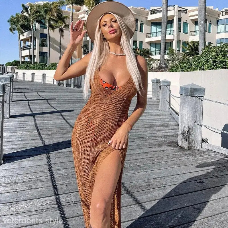 White crochet sexy bodycon dress with tan knit maxi and orange bralette