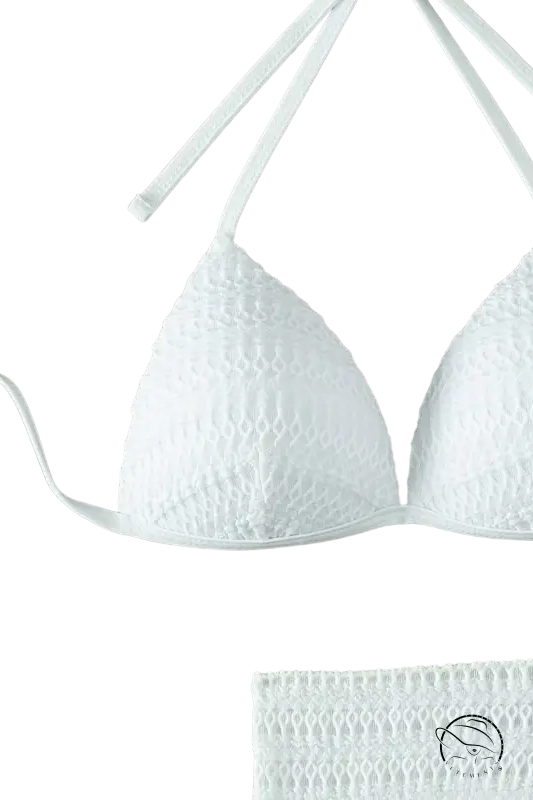 White halter sexy bikini top with lace triangle pattern and thin straps