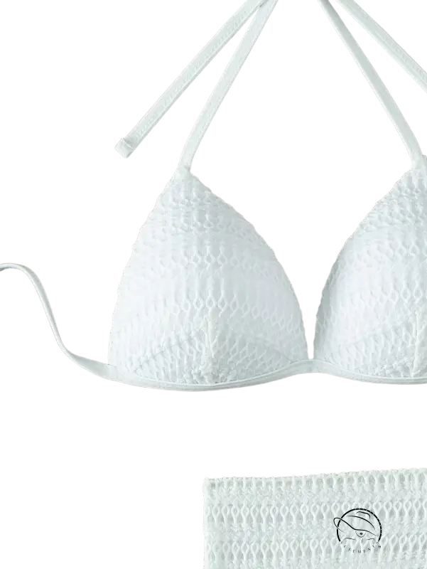 White halter sexy bikini top with lace triangle pattern and thin straps