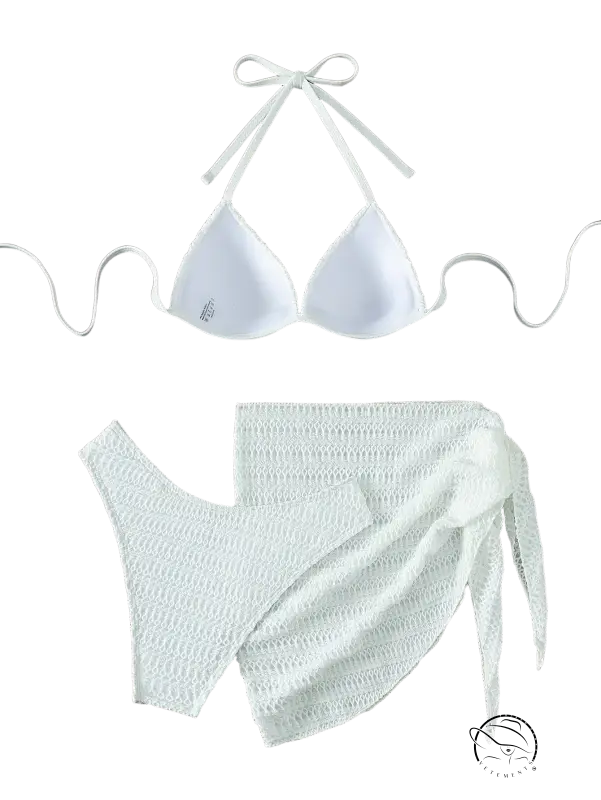 White halter sexy bikini with adjustable straps and textured wrap bottom