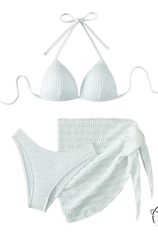 White halter sexy bikini set with crochet texture and high-waisted bottom