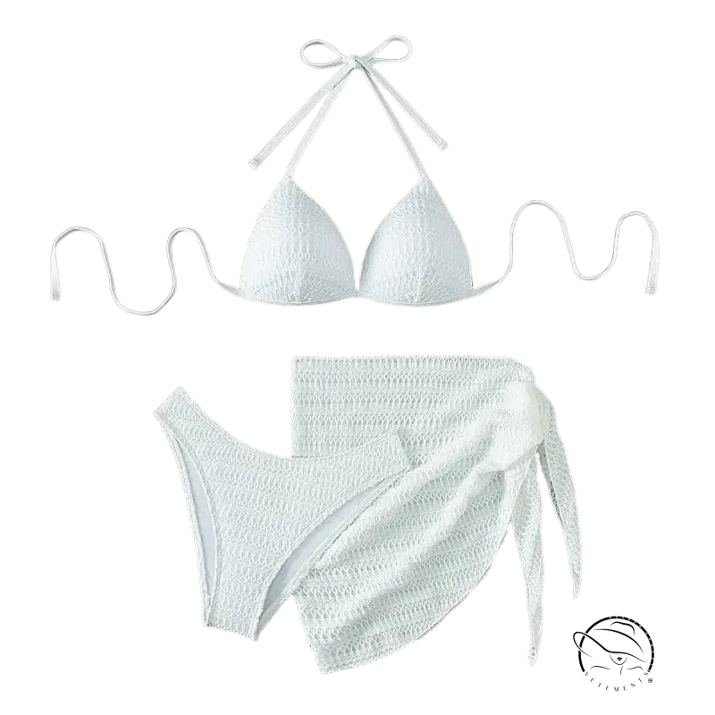 White halter sexy bikini set with crochet texture and high-waisted bottom