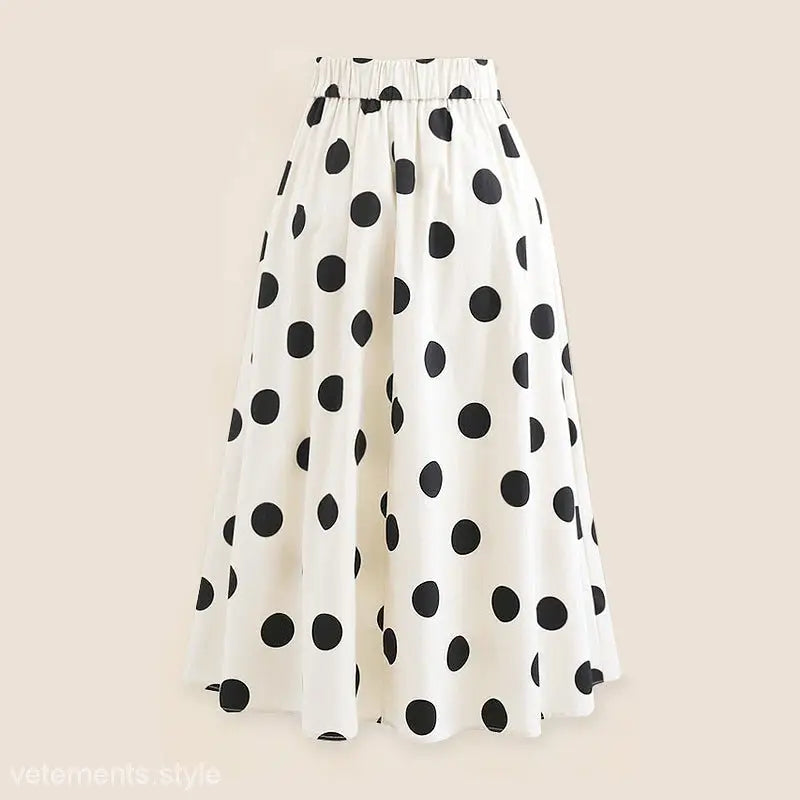 White polka-dot midi skirt featured in a White Swimsuit and Chiffon Beach Skirt Set