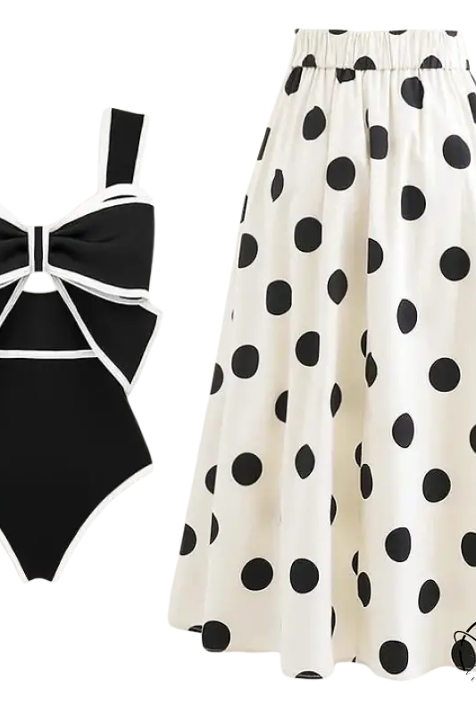 White swimsuit and chiffon beach skirt set with bow detail