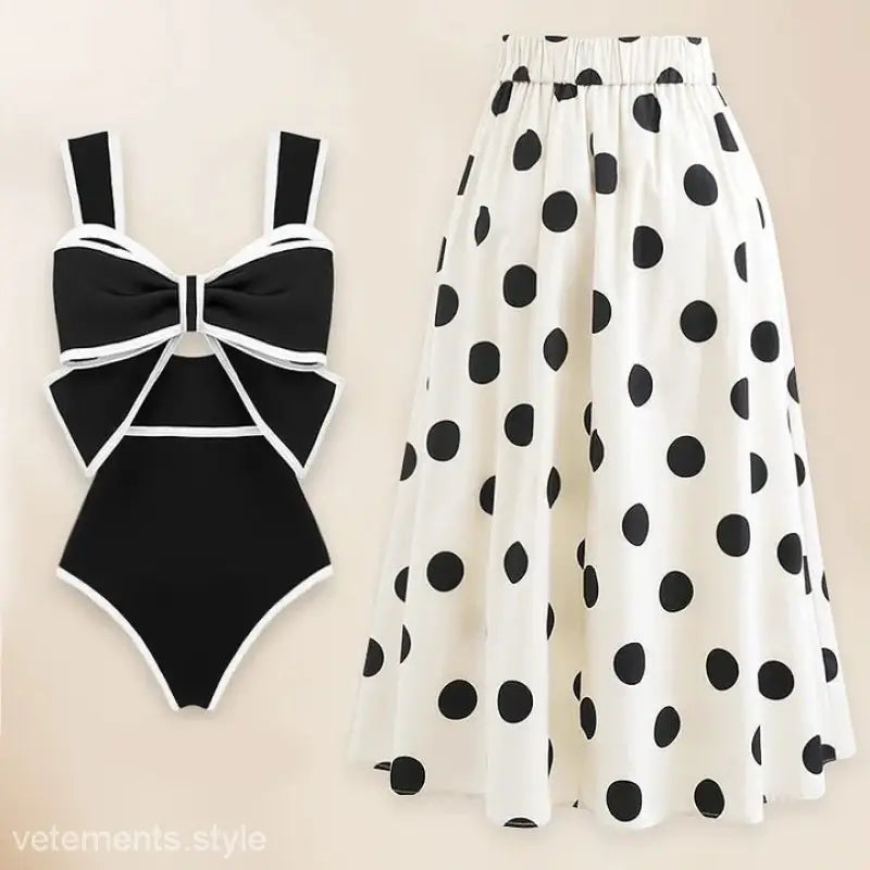 Elegant black and white bow-front swimsuit with polka dot chiffon beach skirt set