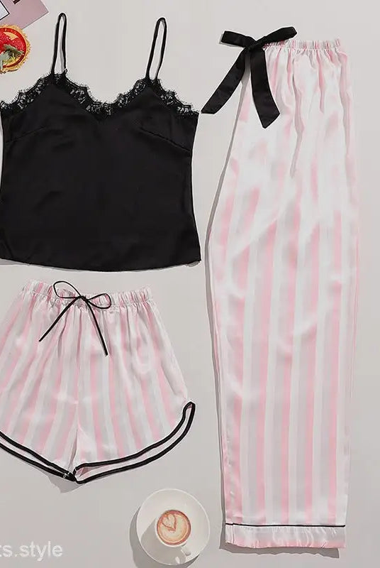 Wide Pink Three-Piece Casual Striped Pajamas Set for Summer displayed elegantly