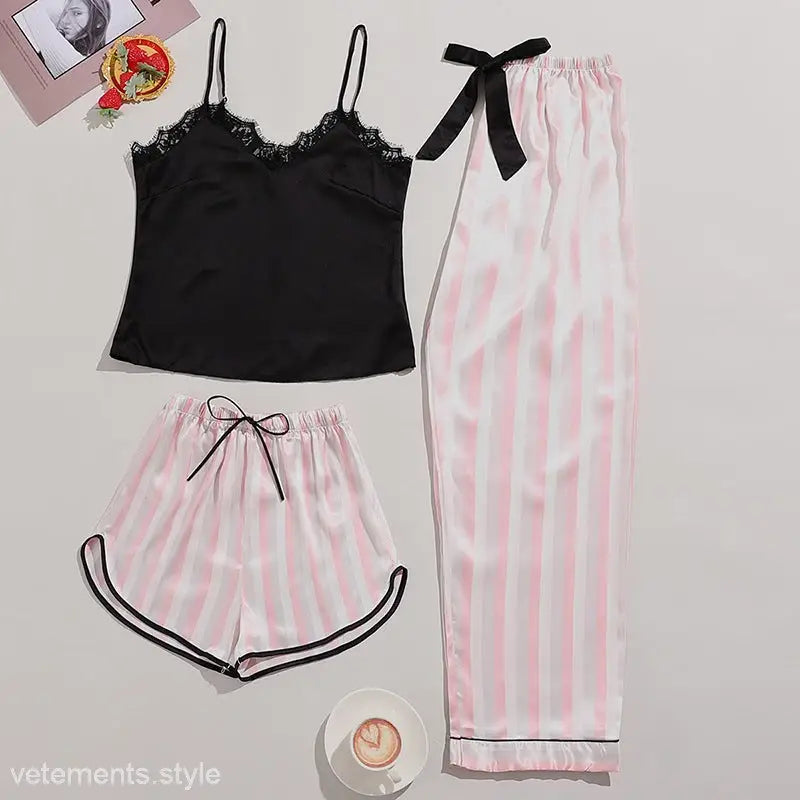 Wide Pink Three-Piece Casual Striped Pajamas Set for Summer displayed elegantly