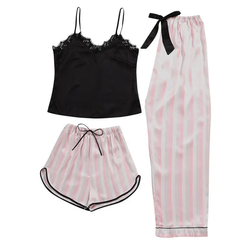Wide pink three-piece casual striped pajamas set featuring black top and pink bottoms