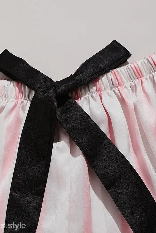 Pink and white striped shorts with black bow from Wide Pink Three-Piece Casual Striped Pajamas