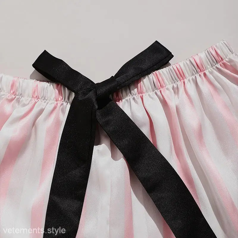 Pink and white striped shorts with black bow from Wide Pink Three-Piece Casual Striped Pajamas