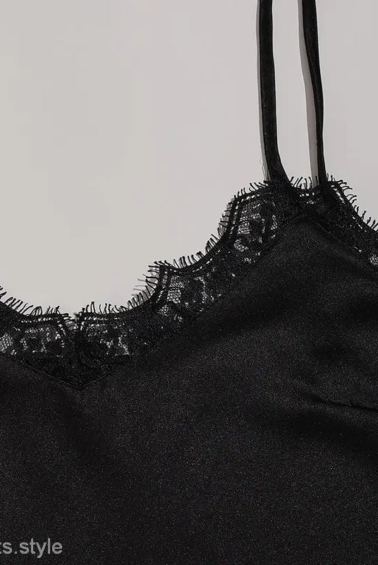 Black satin camisole with lace trim in a Wide Pink Three-Piece Casual Striped Pajamas Set