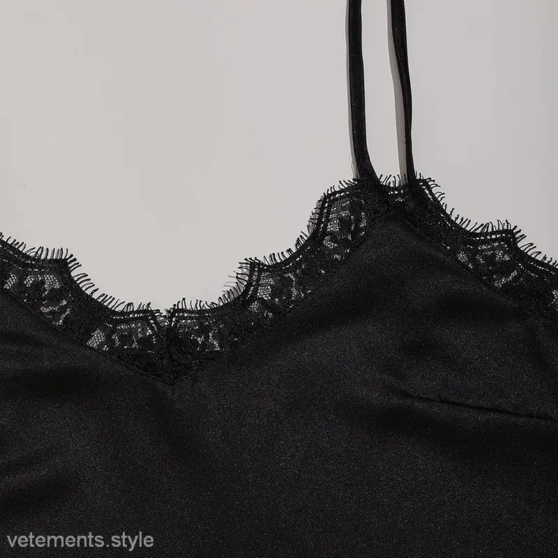 Black satin camisole with lace trim in a Wide Pink Three-Piece Casual Striped Pajamas Set