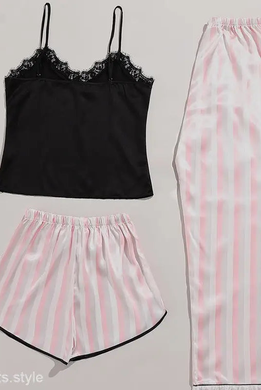 Wide pink three-piece casual striped pajamas set perfect for summer lounging