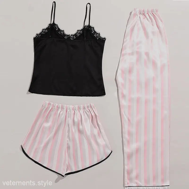 Wide pink three-piece casual striped pajamas set perfect for summer lounging