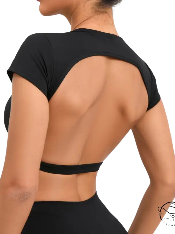 Wild Peach black crop top with cutout back for glow outdoor fit