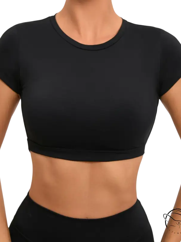 Wild Peach black short-sleeved crop top with glow outdoor fit