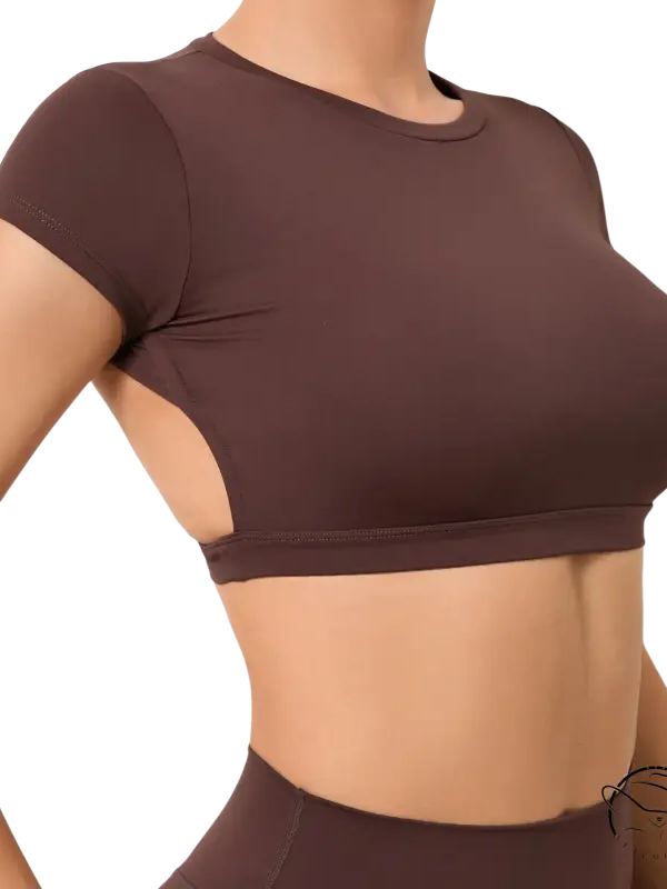 Wild Peach sleek chocolate-brown crop top with side cutout for outdoor fit