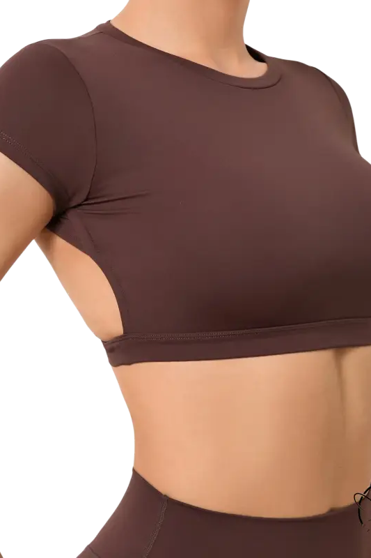 Wild Peach sleek chocolate-brown crop top with side cutout for outdoor fit