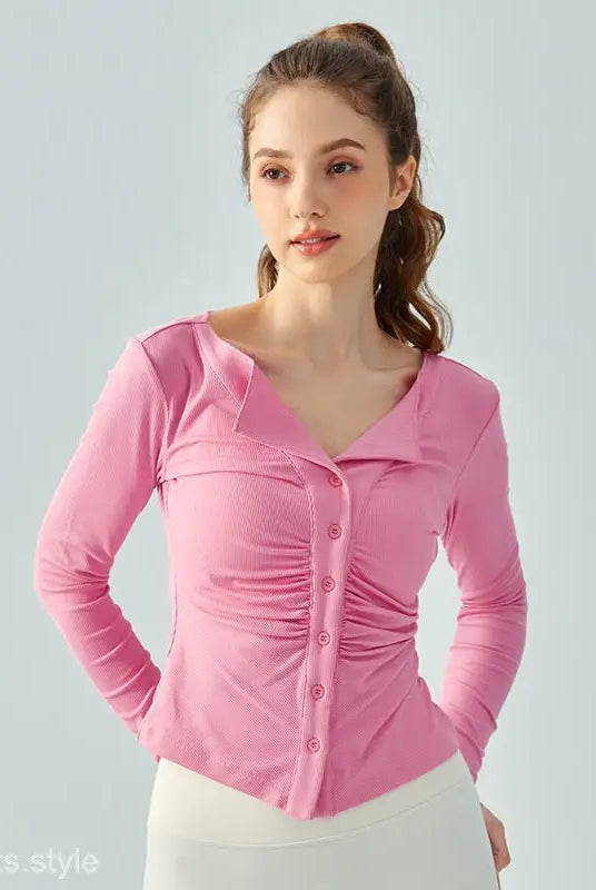 Pink ribbed long-sleeve yoga top in milk tea white with wild rose breathable fit