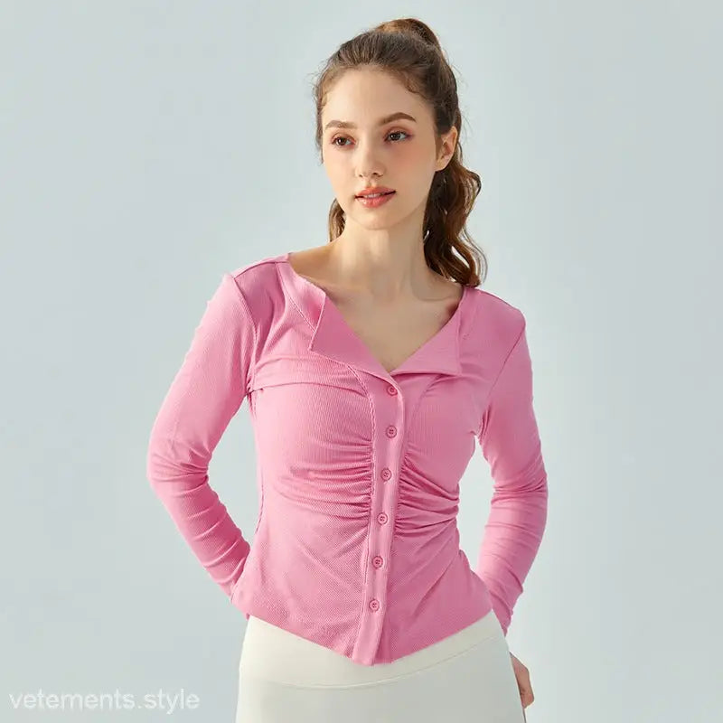 Pink ribbed long-sleeve yoga top in milk tea white with wild rose breathable fit
