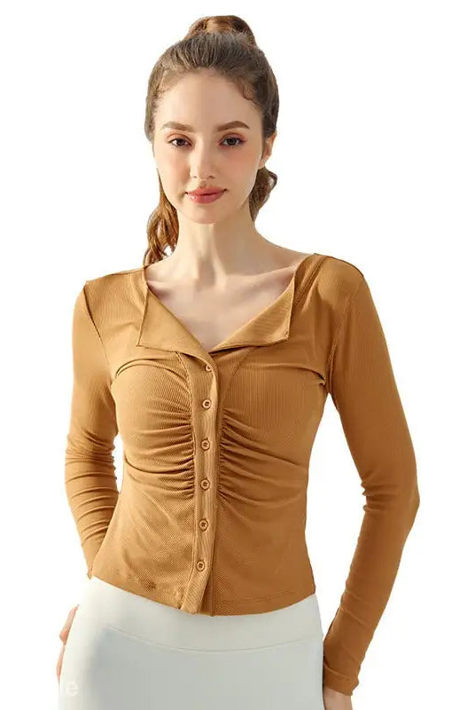 Long-sleeved brown ribbed shirt from Wild Rose Yoga Tee in Milk Tea White with breathable fit