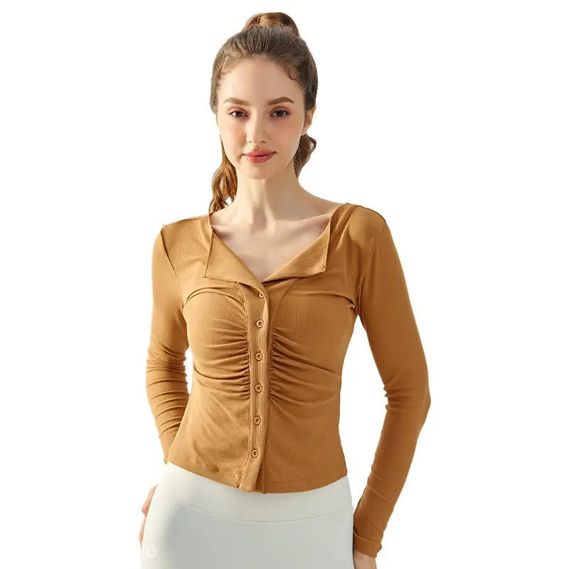 Long-sleeved brown ribbed shirt from Wild Rose Yoga Tee in Milk Tea White with breathable fit