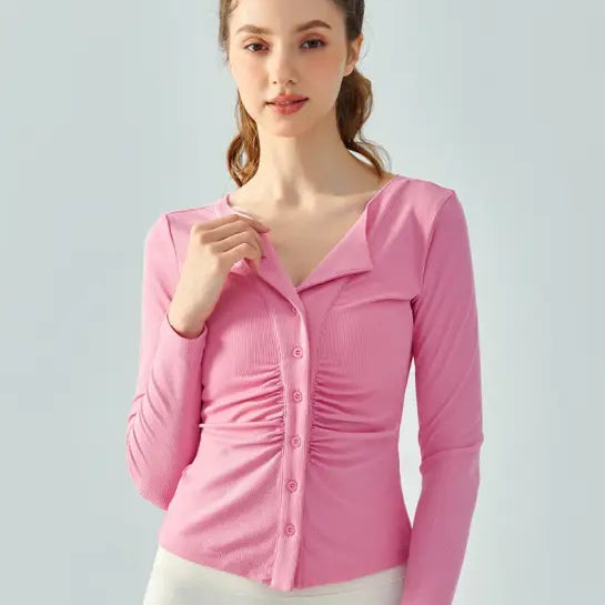 Pink long-sleeve top in Milk Tea White with Wild Rose breathable yoga fit