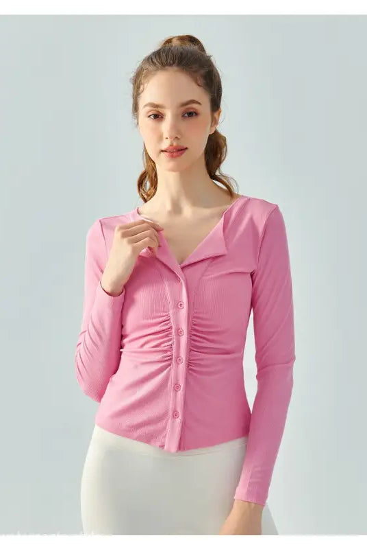 Pink long-sleeve top in Milk Tea White with Wild Rose breathable yoga fit