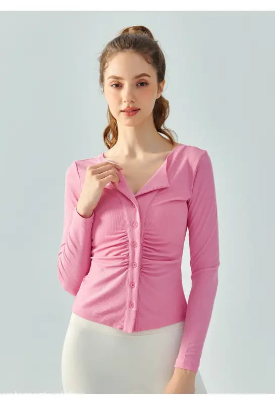 Pink long-sleeve top in Milk Tea White with Wild Rose yoga breathable fit