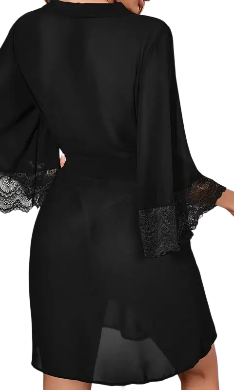 Black satin luxury pajamas nightdress with lace trim cuffs and belted sleeves