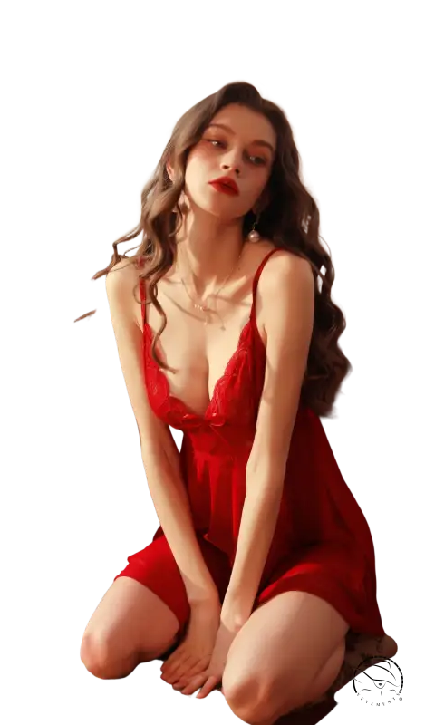 Woman in wine red outerwear gown with belted sleeves and lace details