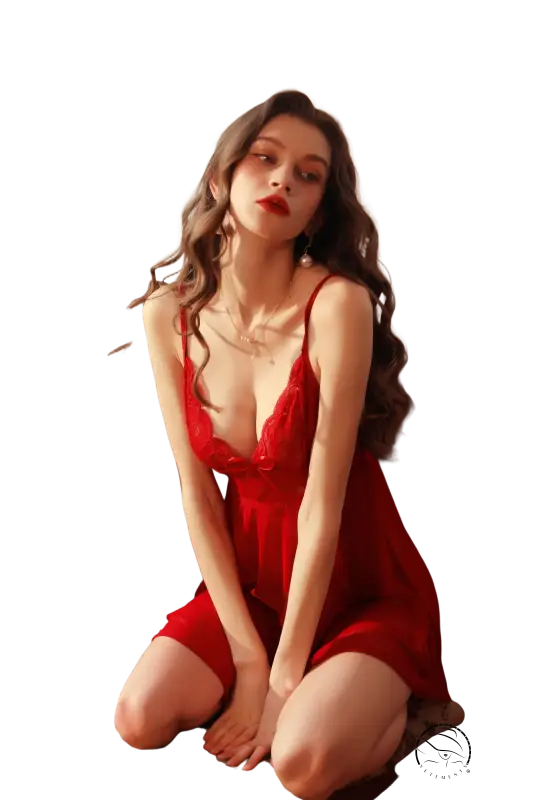 Woman in wine red outerwear gown with belted sleeves and lace details