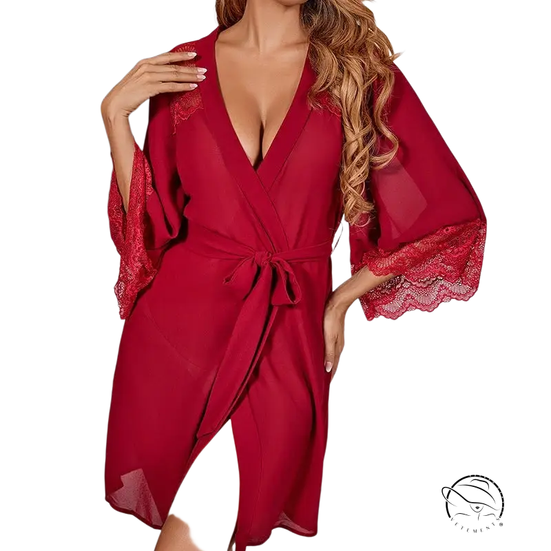 Wine red outerwear gown with belted sleeves and lace trim