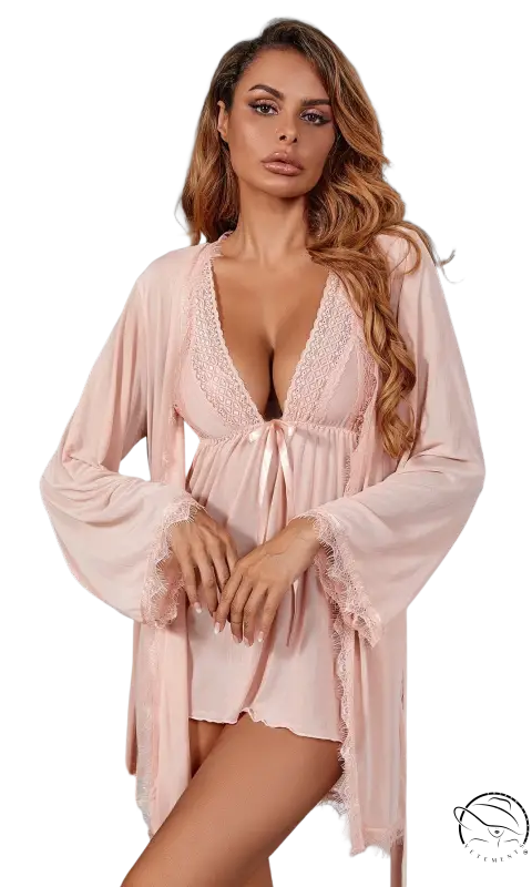 Elegant pink lace-trimmed outerwear gown with belt and v-neck