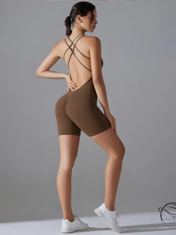 Wine red Langry one-piece yoga bodysuit with crisscross back straps