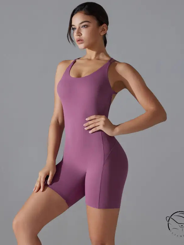 Wine red Langry one-piece yoga bodysuit, form-fitting textured design