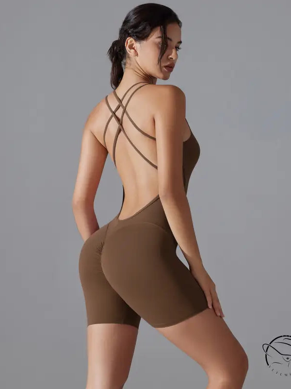 Wine red Langry one-piece yoga bodysuit with criss-cross back straps