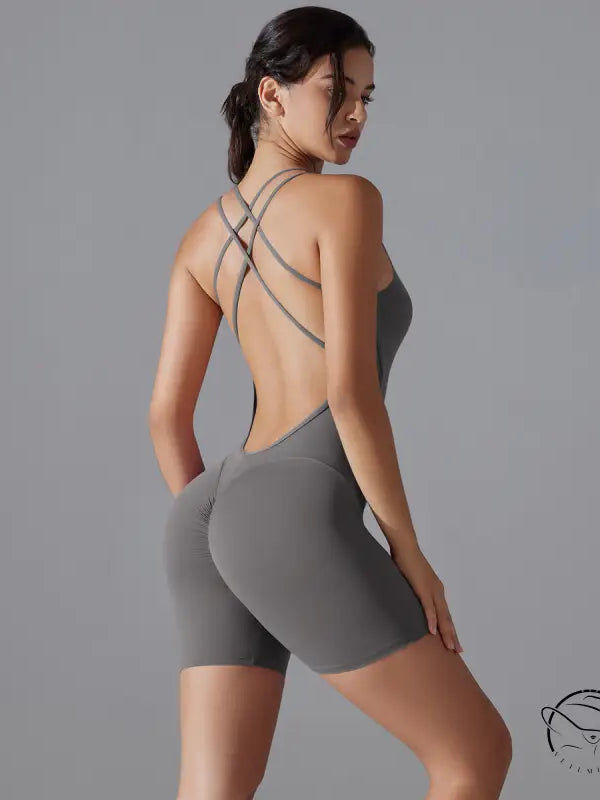 Wine red Langry one-piece yoga bodysuit with strappy open back design