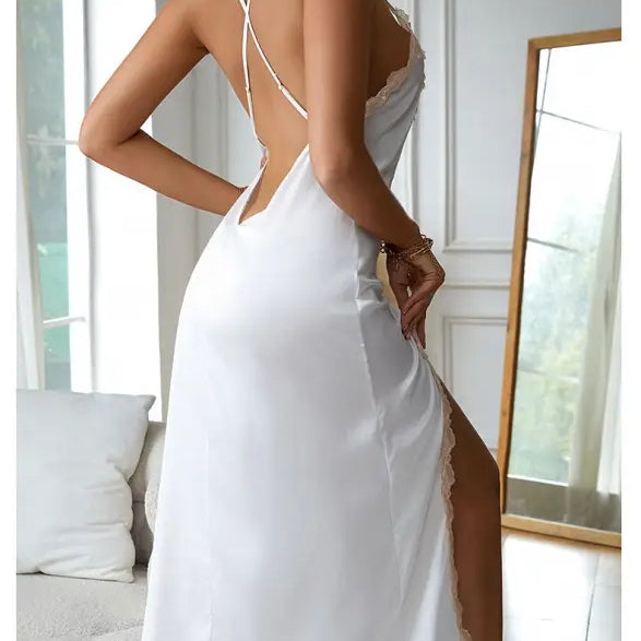 Wine red silk nightdress with backless design, split sleeves, and white lace trim