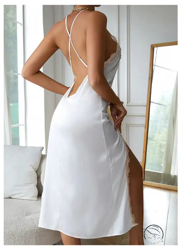 Wine red sexy silk nightdress with backless design and split sleeves