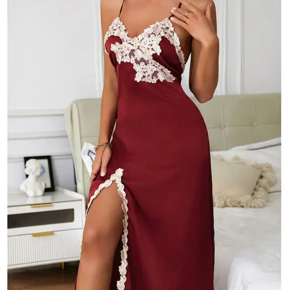 Wine red silk nightdress with backless design, split sleeves, and sexy satin slip style