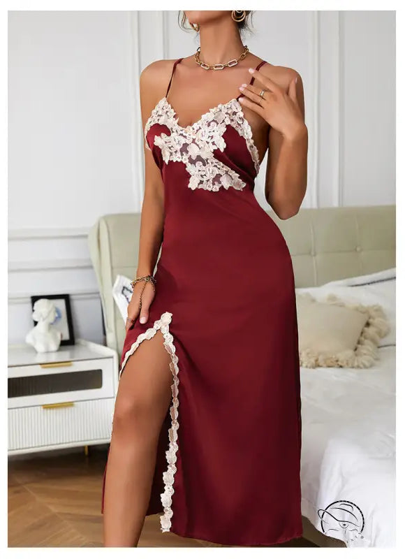 Wine red sexy silk nightdress with backless design and thigh-high slit