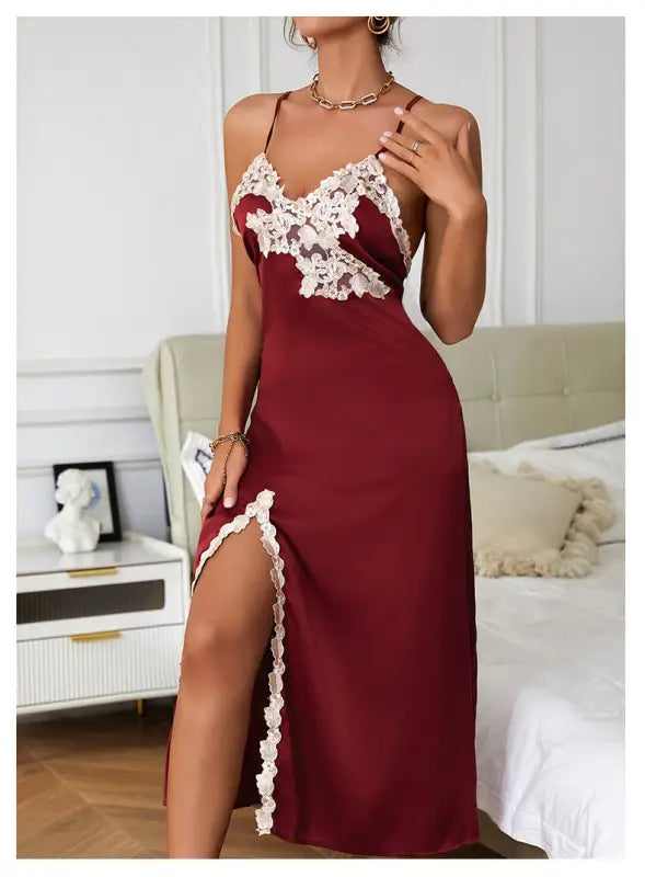 Wine red silk nightdress with backless design, split sleeves, and sexy satin slip style