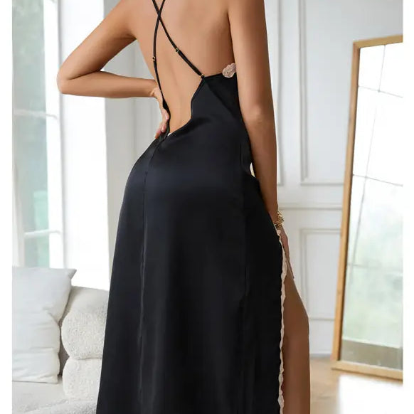 Wine Red Silk Nightdress with Backless Design, Side Slit, and Lace Trim